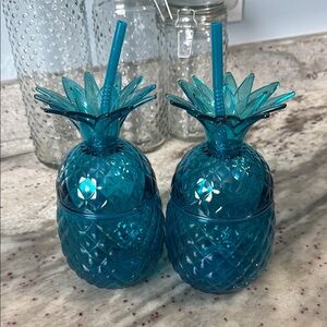 Set of 2 Blue Pineapple Shaped Tumblers w/ reusable straws